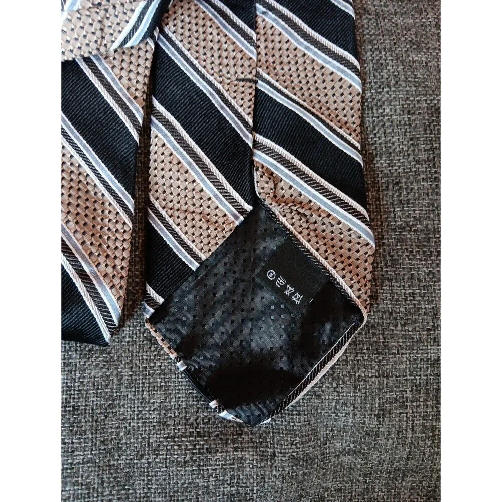 Tie 70s 80s 90s Y2K Mens Antonio Vessi Silk Beige Black Stripe 3.75 Wide 58 Long